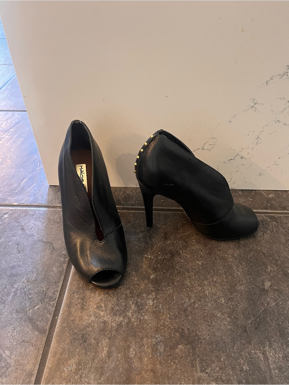 Halogen Black Peep-Toe Stiletto Booties with Gold Stud Heel